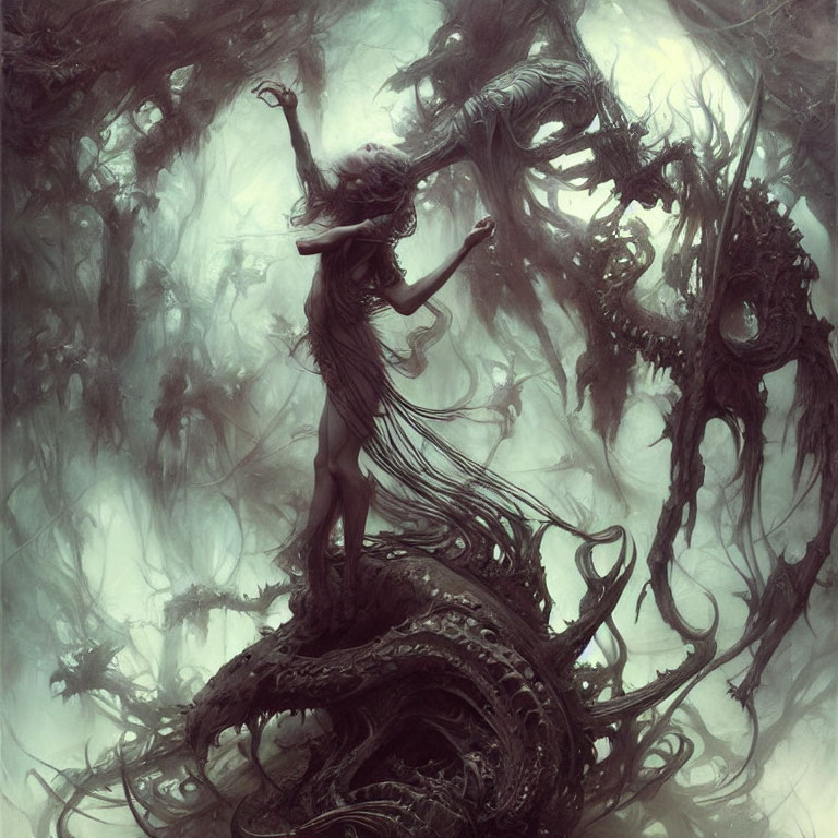 Ethereal figure confronts skeletal dragon in dark fantasy scene