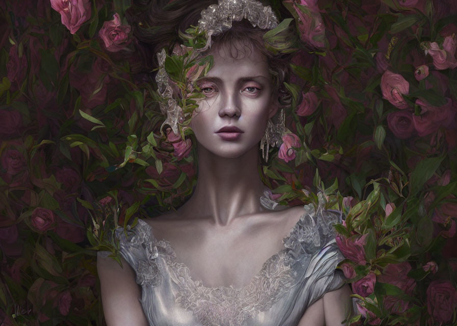 Woman with solemn expression surrounded by dark pink roses and floral elements, wearing silvery dress and intricate earrings