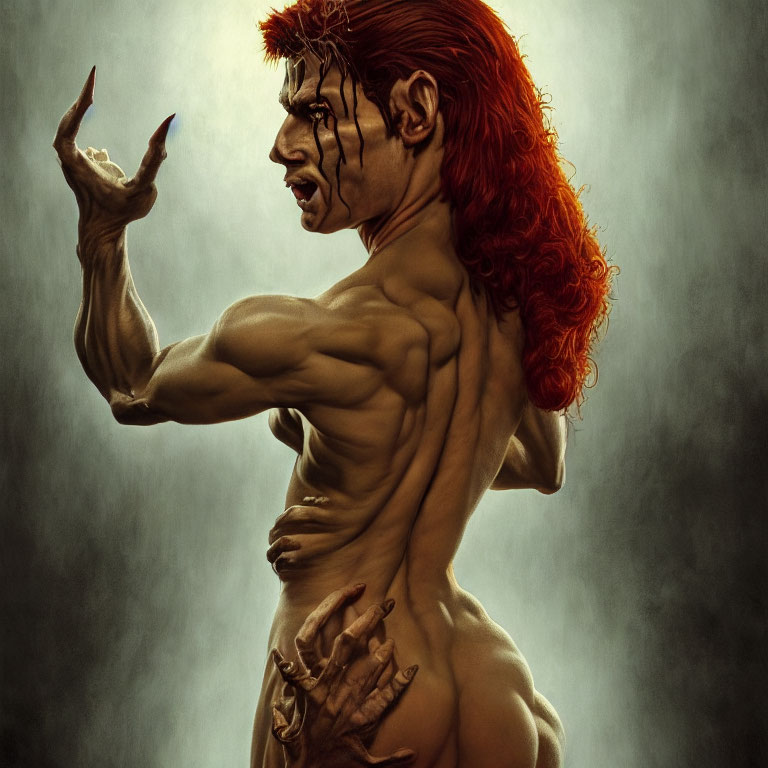 Muscular creature with red hair, horns, and dark stripes in dramatic pose