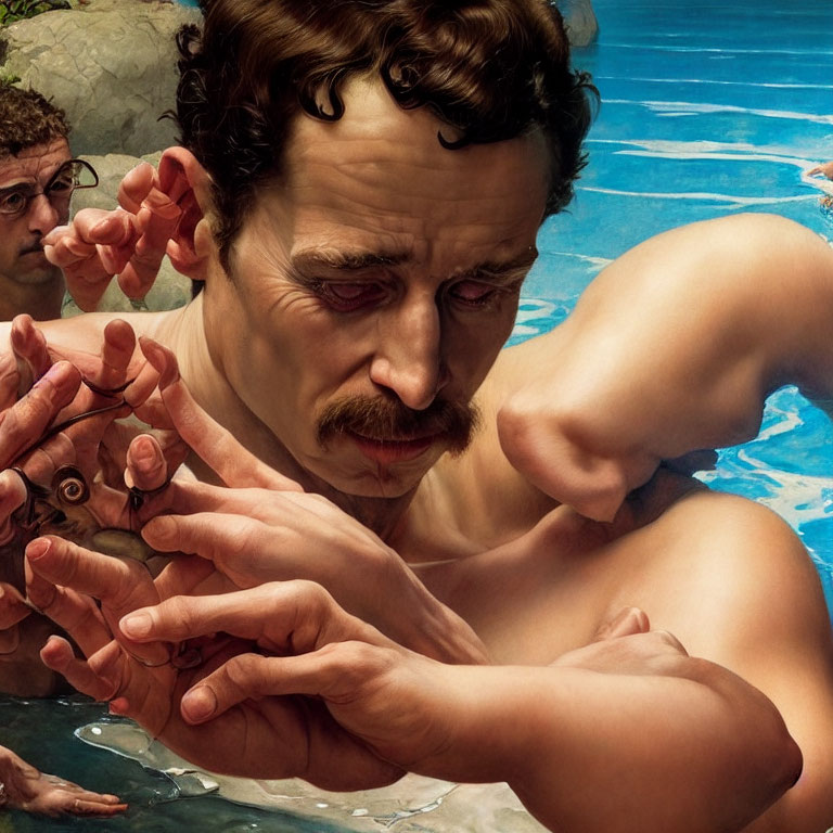 Hyperrealistic Painting of Shirtless Man with Mustache Examining Object by Water