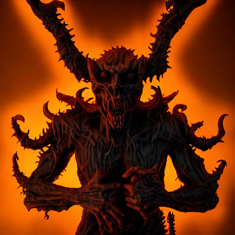 Sinister creature with horns and claws on fiery orange backdrop