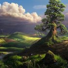 Fantastical landscape with towering mushroom-topped trees under a partly cloudy sky