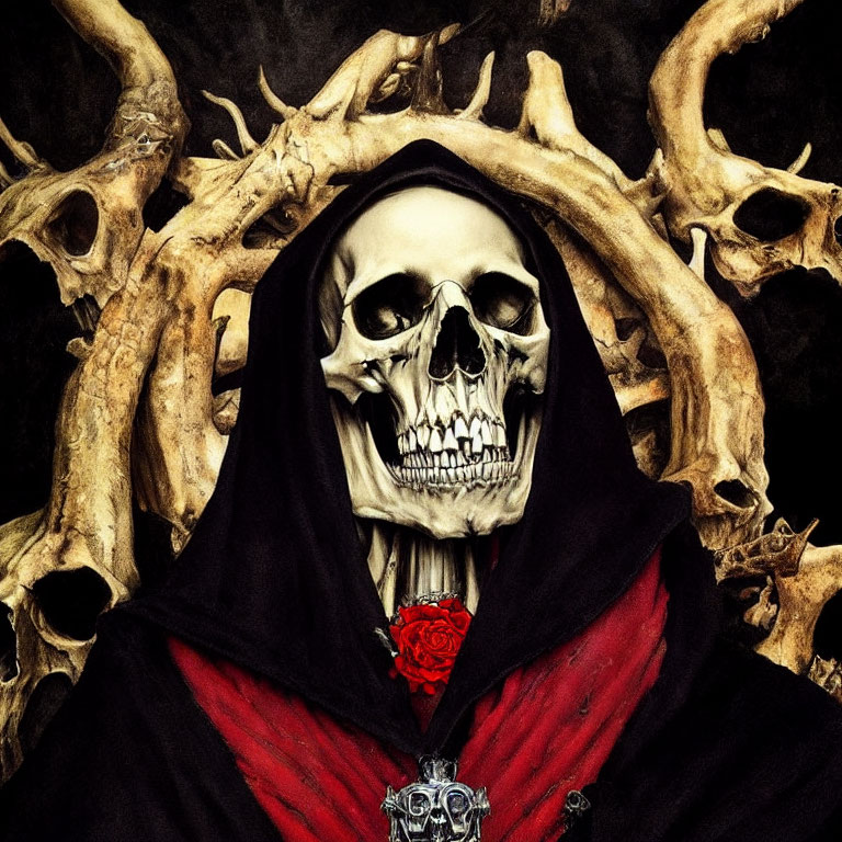 Skull with Dark Hood Holding Red Rose on Twisted Branches