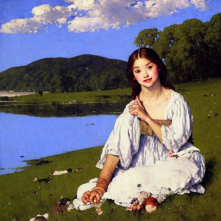 Woman in white dress by lake with wildflowers and serene landscape