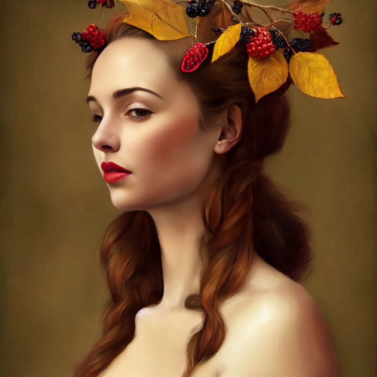 Woman with Autumn Leaves and Berries in Braided Hair and Red Lipstick on Warm Background