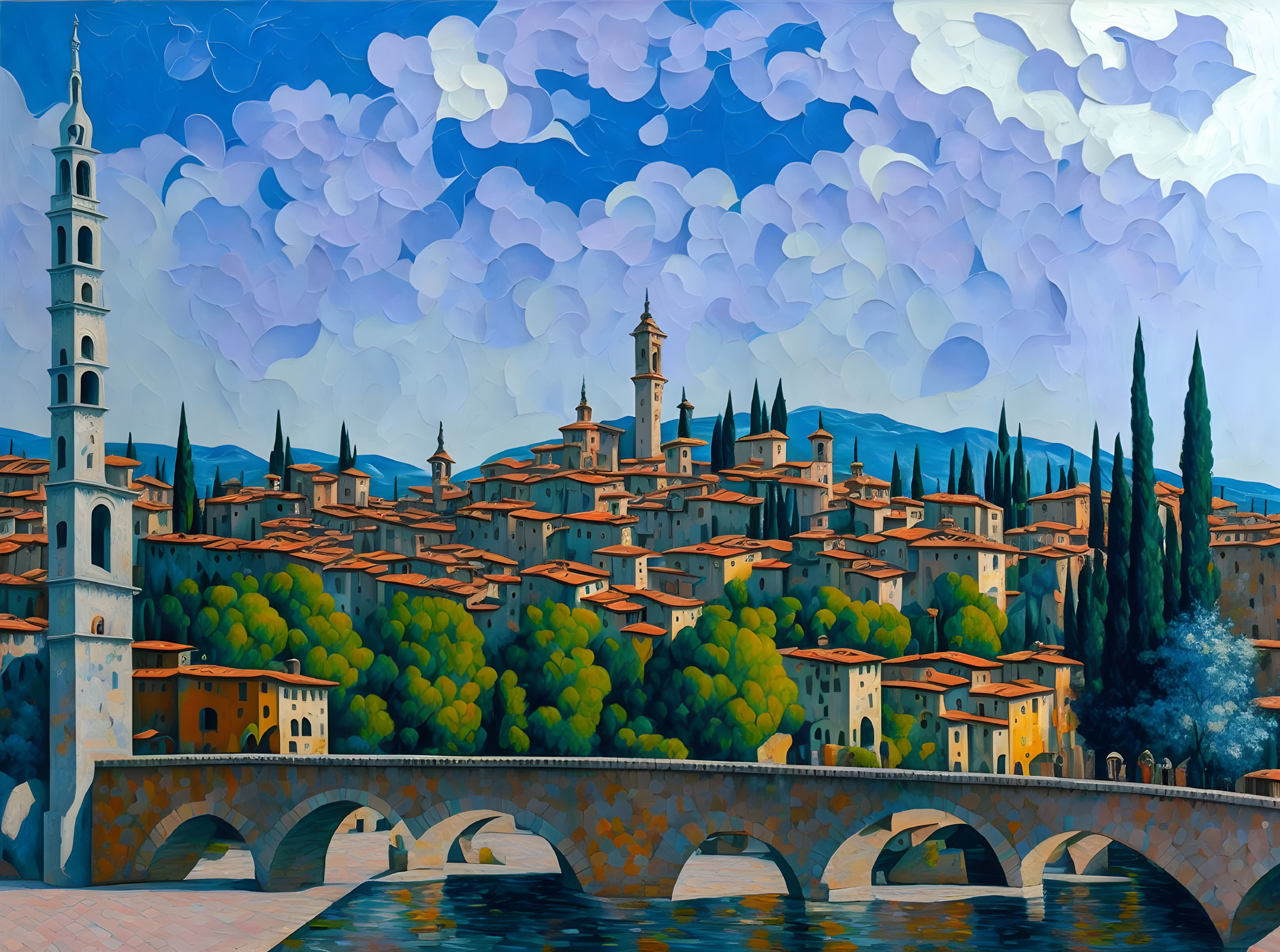 European Town Painting: Historical Buildings, Tower, Bridge, and Trees