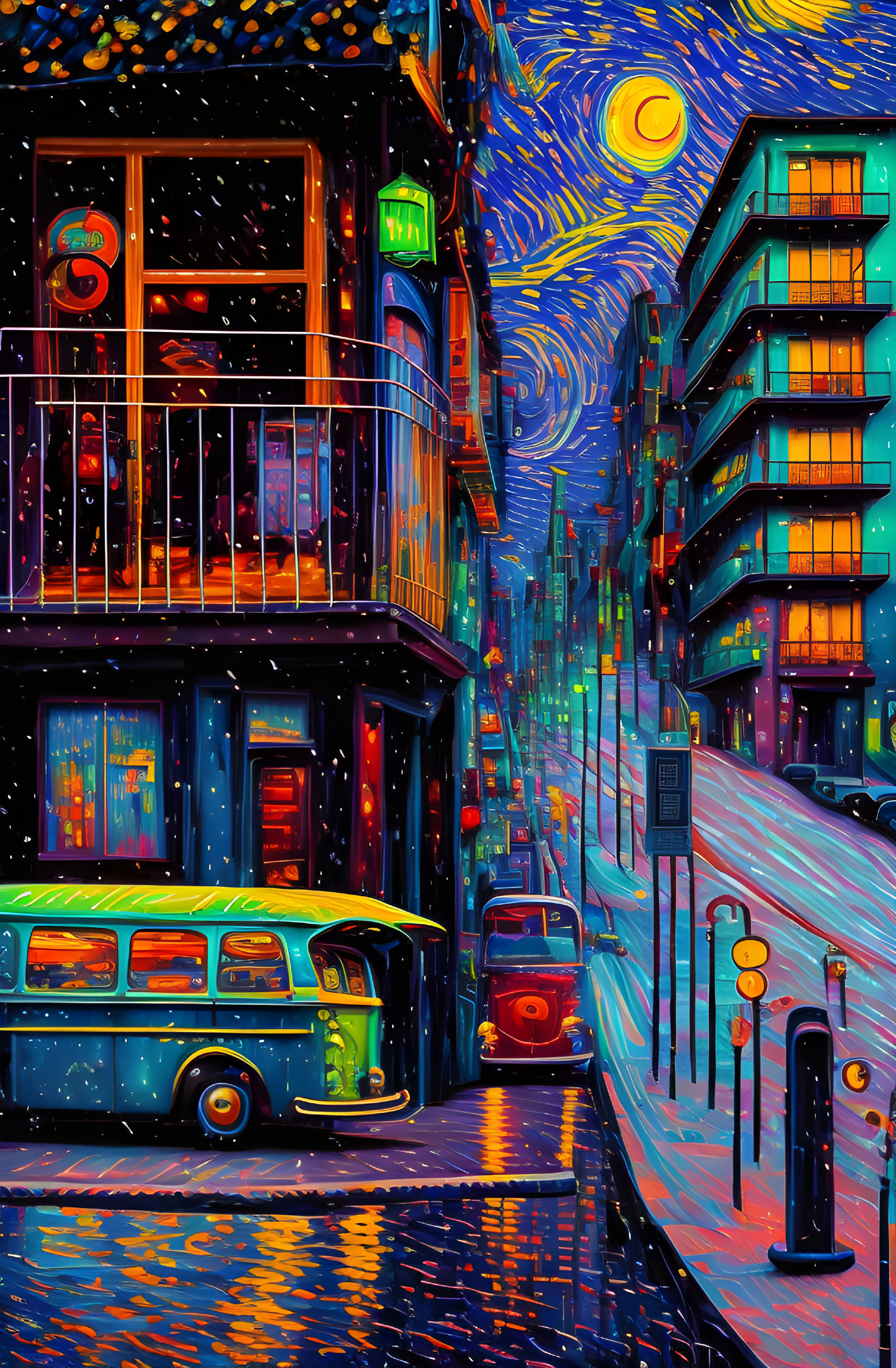 Colorful street scene at night with starry sky, blue bus, car, illuminated buildings