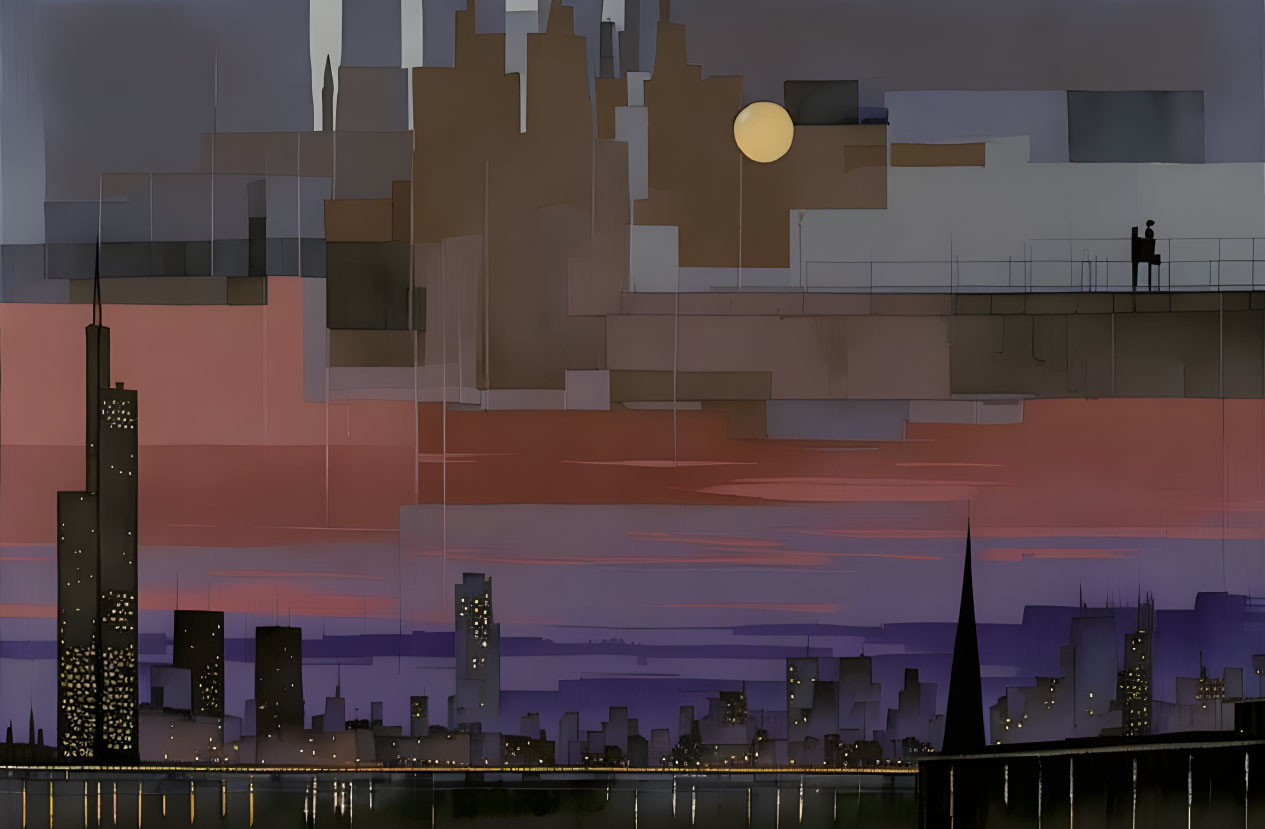 Abstract cityscape at dusk with full moon and silhouetted buildings.