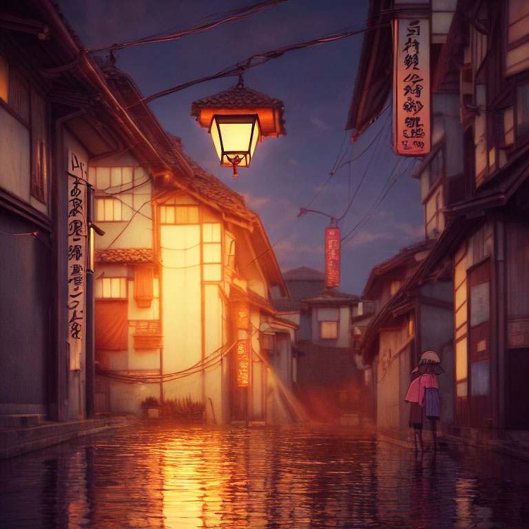 Illustration of girl with umbrella on flooded cobblestone street at dusk