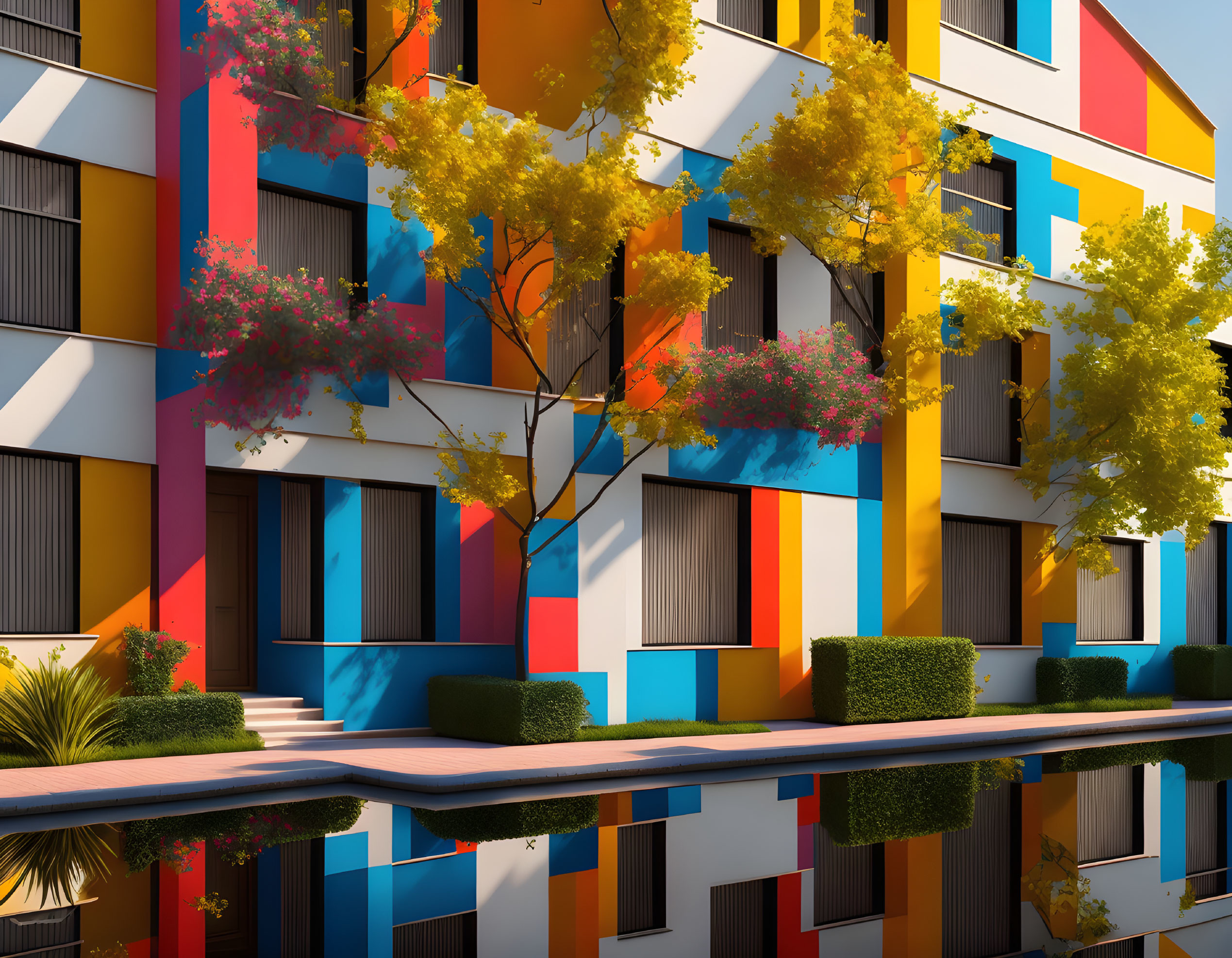 Vibrant geometric patterns adorn modern apartment building amid lush greenery