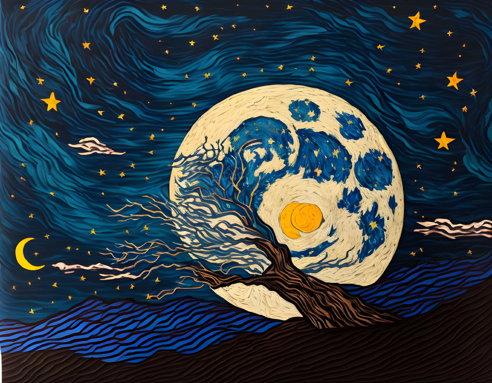 Night sky illustration with moon, clouds, stars, crescent moon, and tree on hill