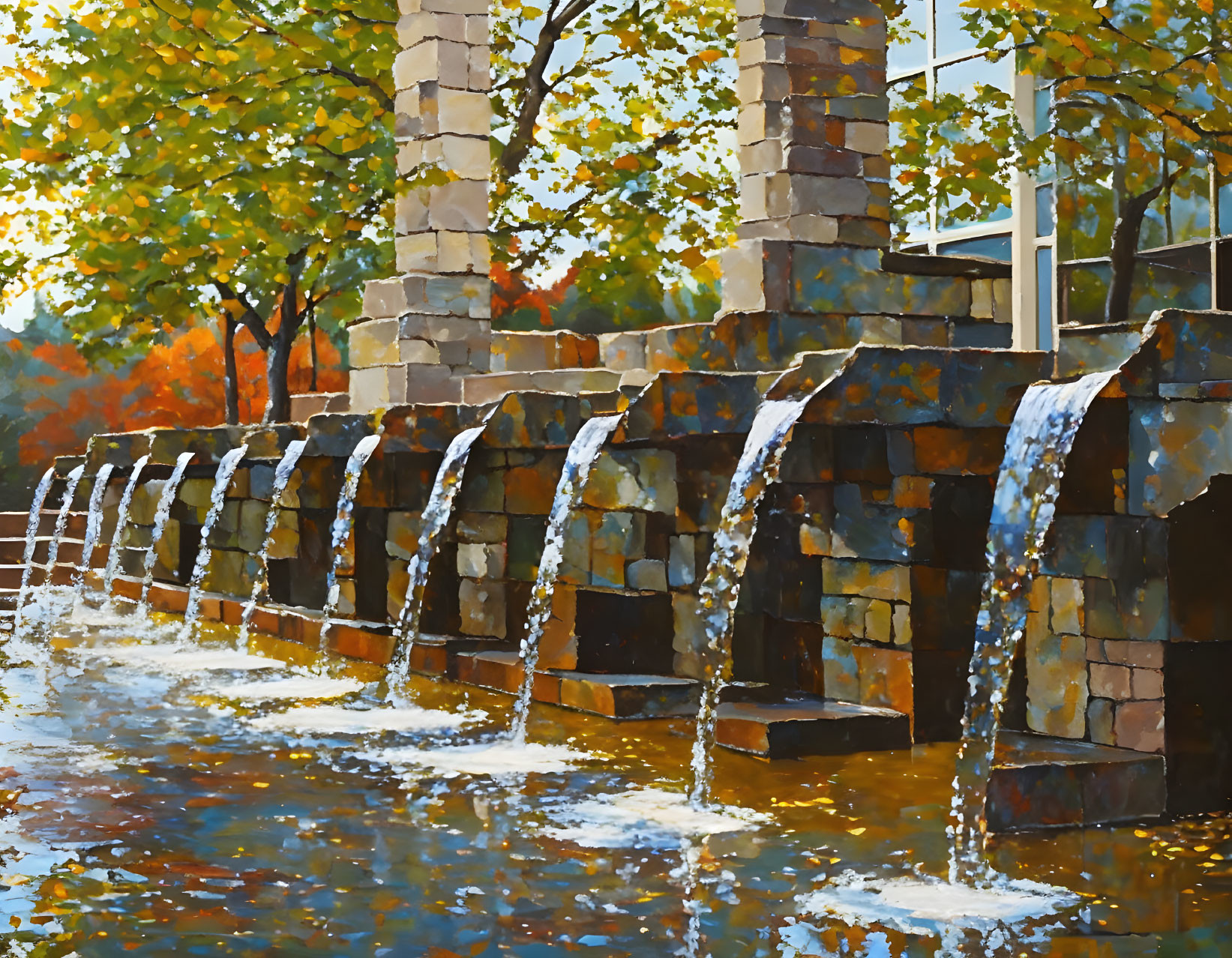 Tranquil painting: fountains flowing into reflective pool amid autumn trees