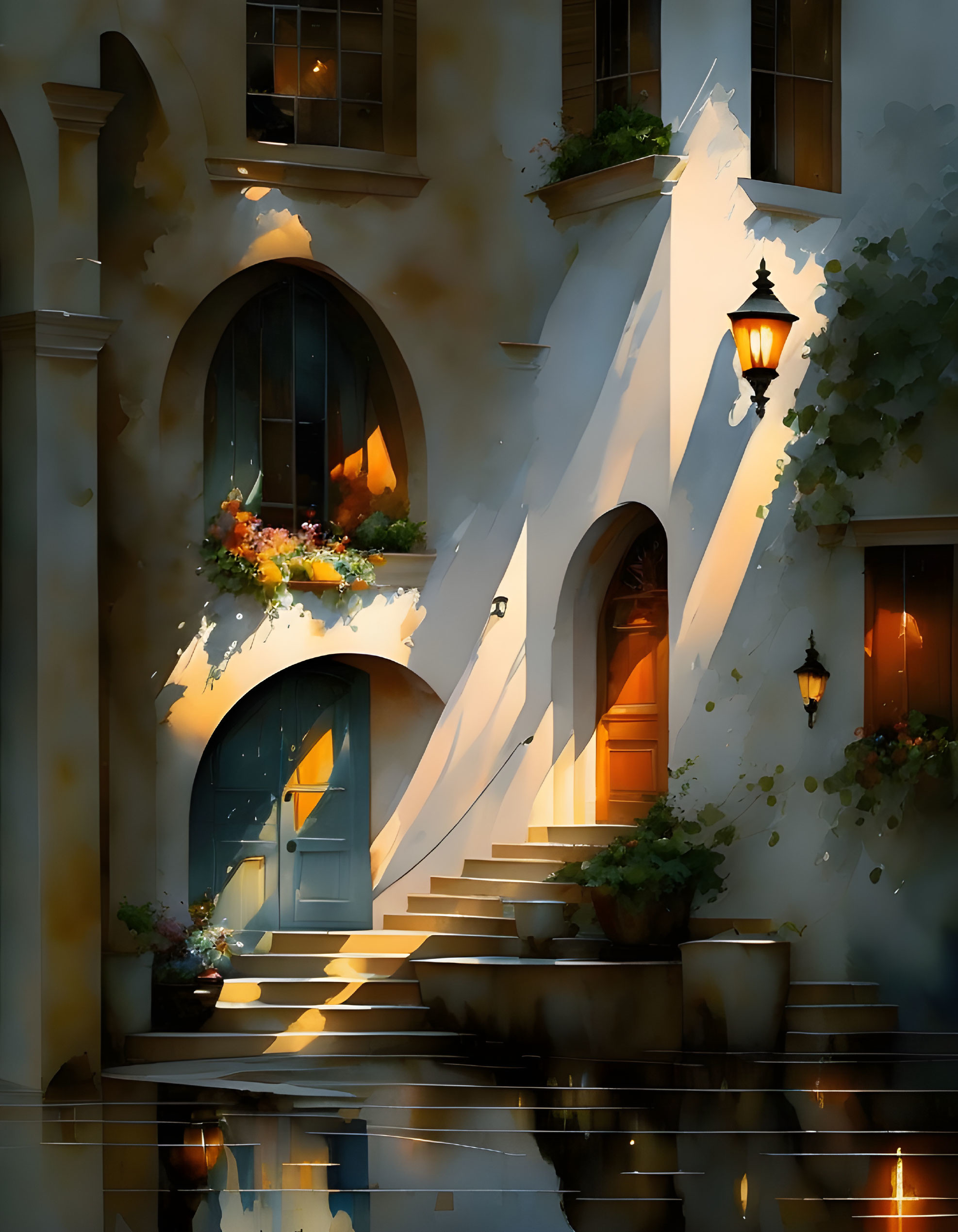 Digital painting of quaint building at night with illuminated windows, street lamp, and wet cobblestones.