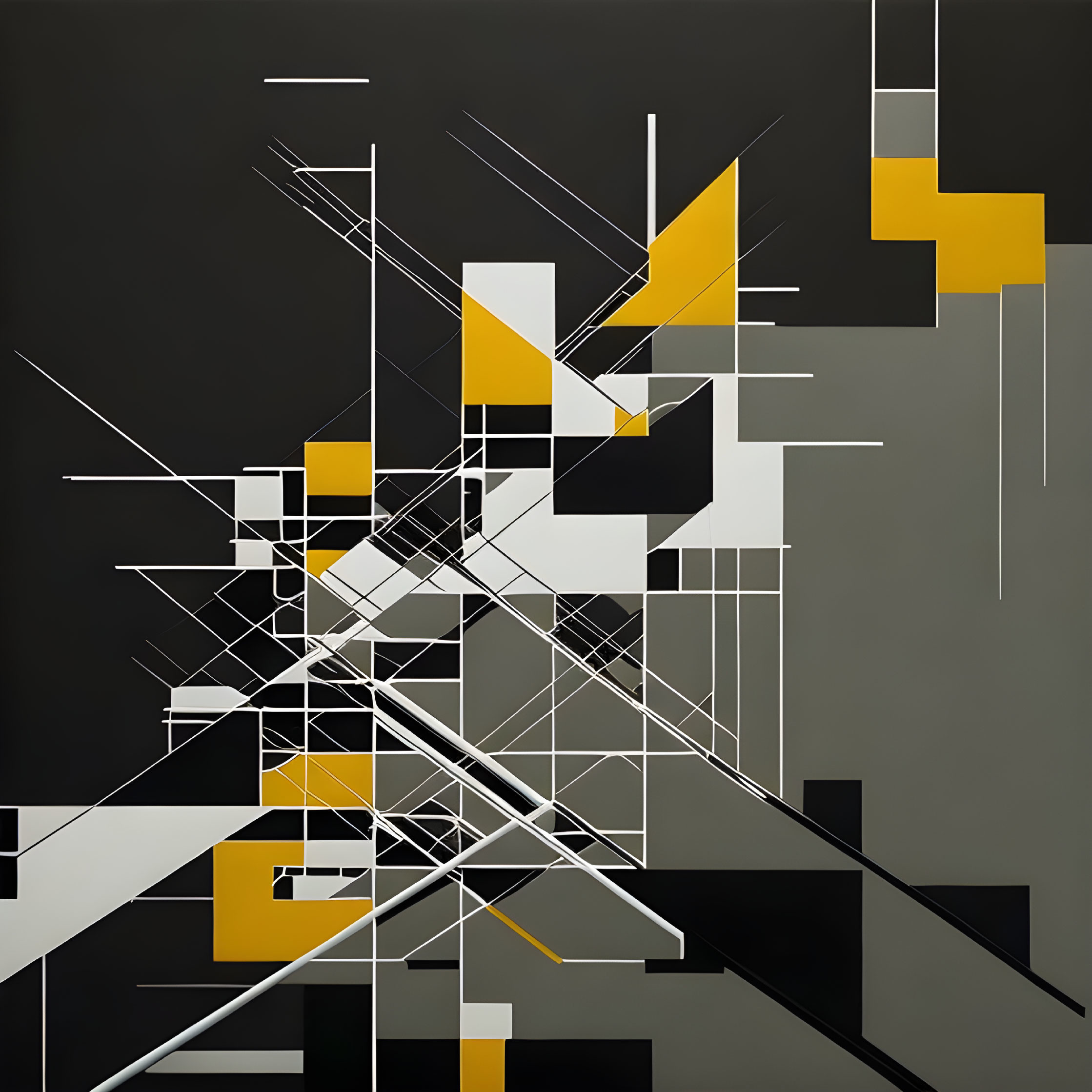 Abstract geometric painting with black, white, grey, and yellow shapes interlaced with white lines