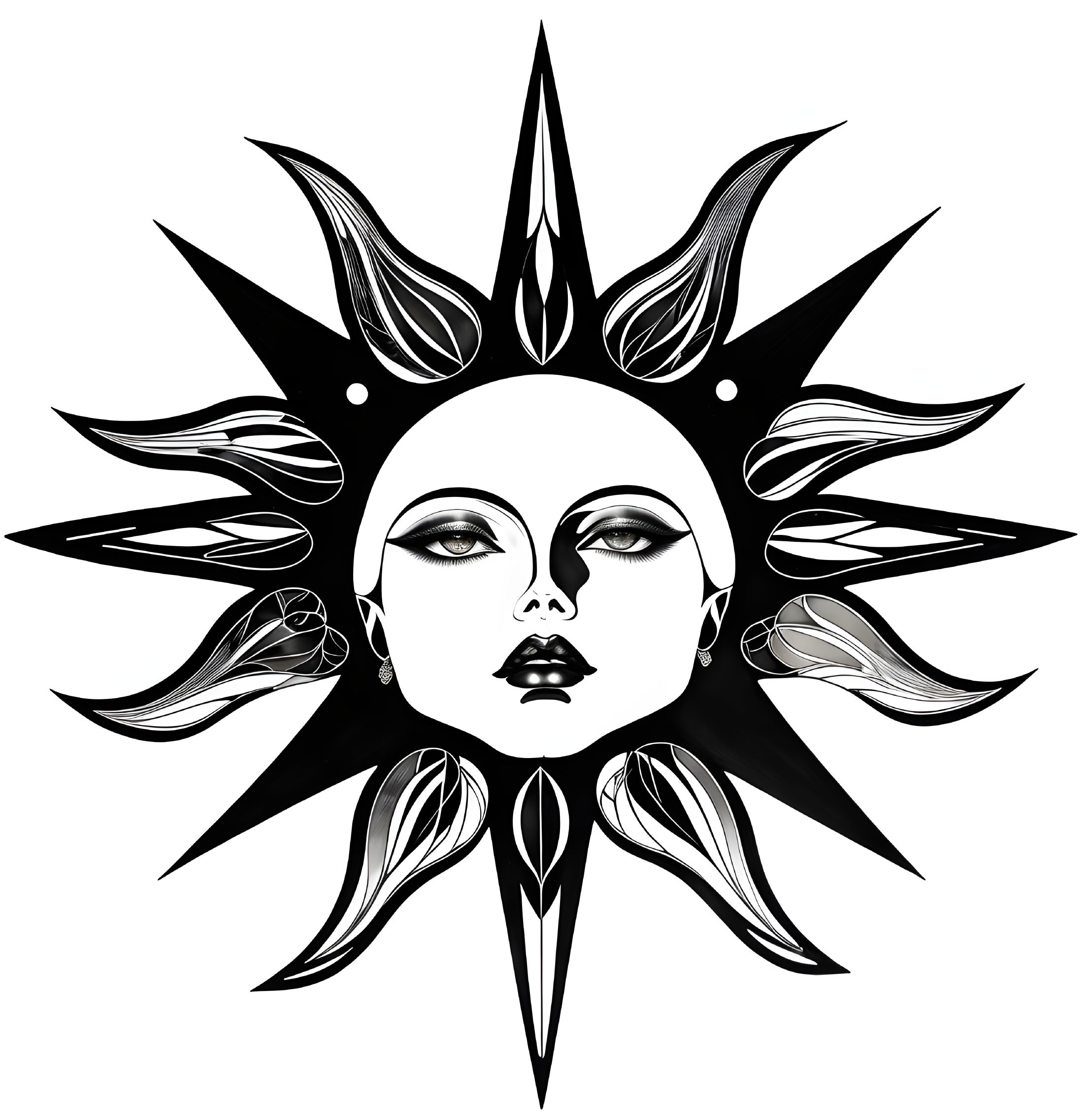 Monochrome female face illustration with celestial motifs