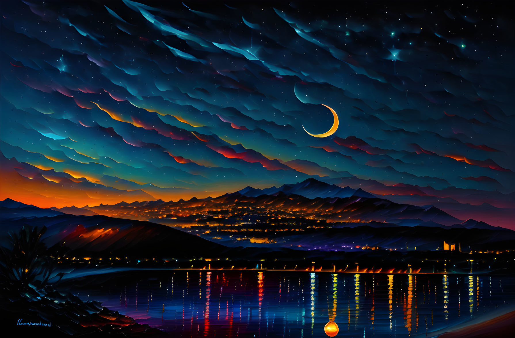 Digital Artwork: Crescent Moon Over Mountainous Landscape