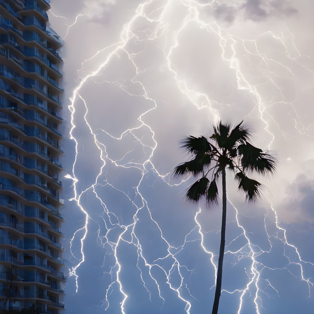 Skyscraper, palm tree, dramatic sky, lightning bolts