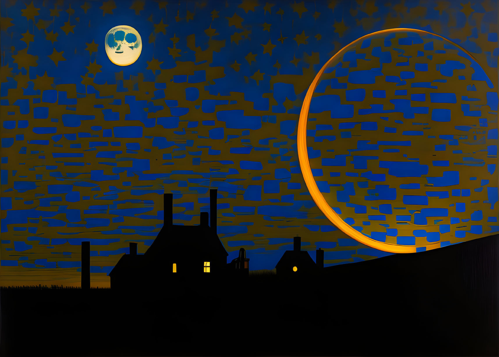 Stylized night scene with large orange crescent and full moon amid starry sky.