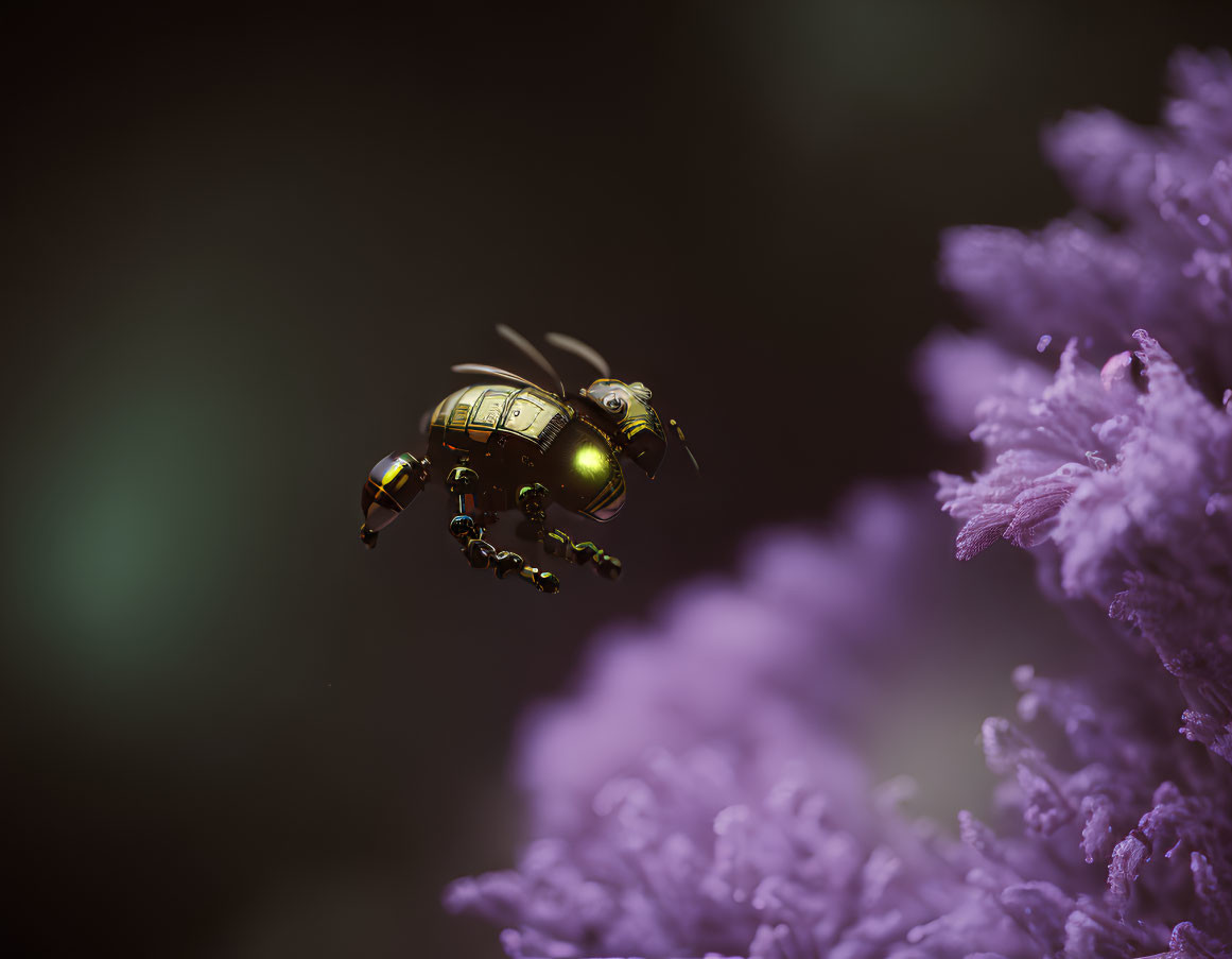 Glowing mechanical bee near purple flowers symbolizes nature and technology fusion