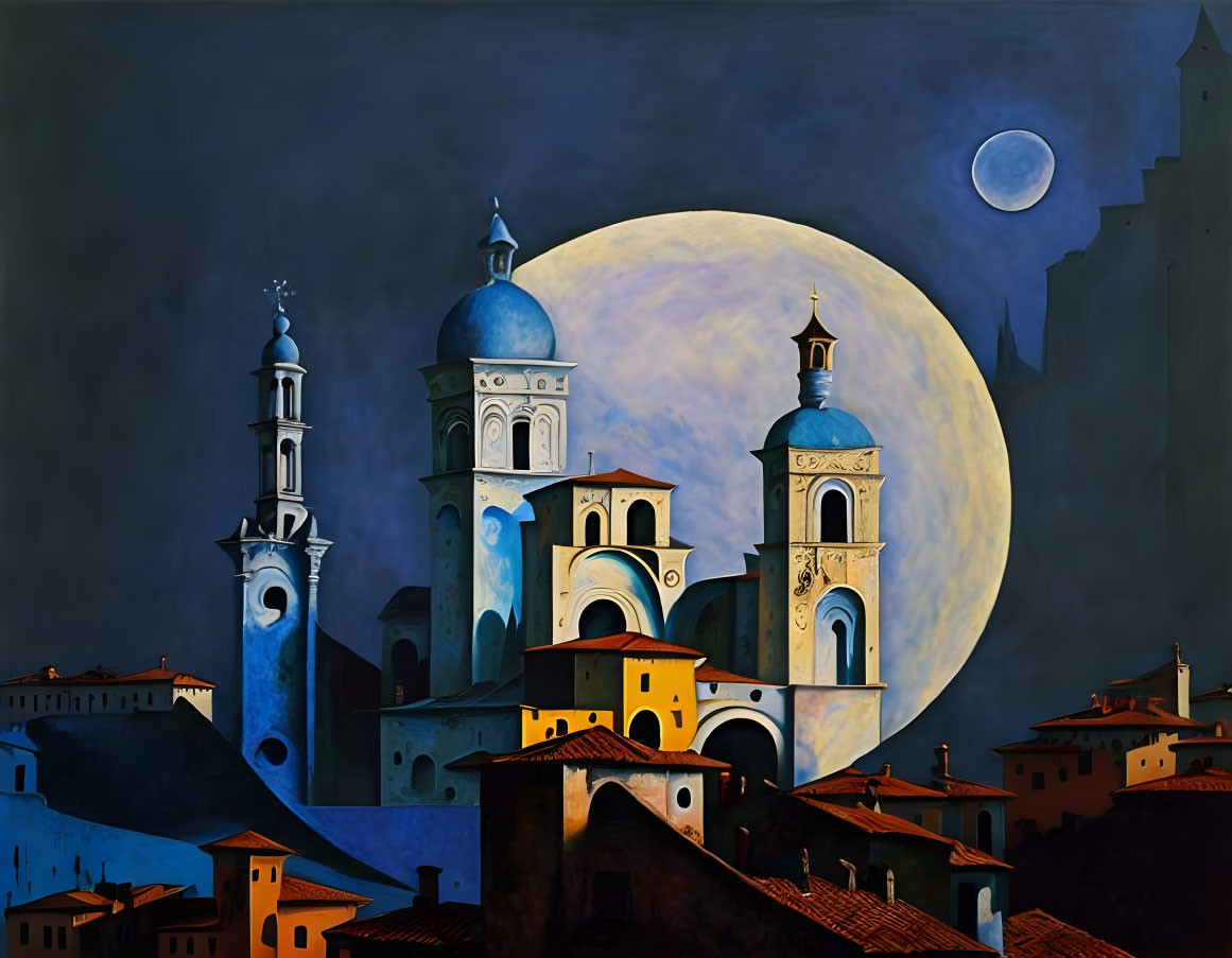 Surrealistic painting: Blue-domed buildings under oversized moon in twilight sky.