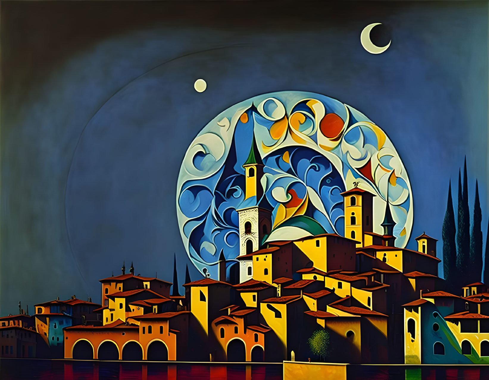 Vibrant painting of town with swirling skies and moon