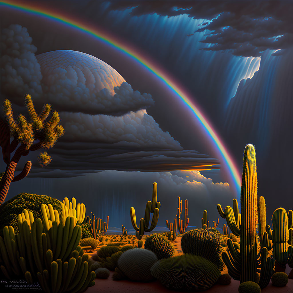 Colorful desert landscape with cacti, rainbow, and dramatic sky