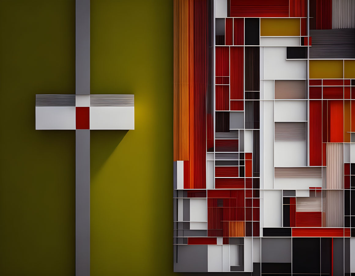 Geometric composition with white cross on green background and grid of red-orange rectangles on gray.