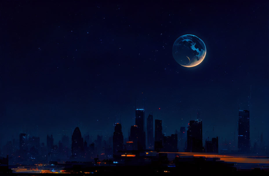 Urban night skyline with glowing buildings under starlit sky and prominent crescent moon.