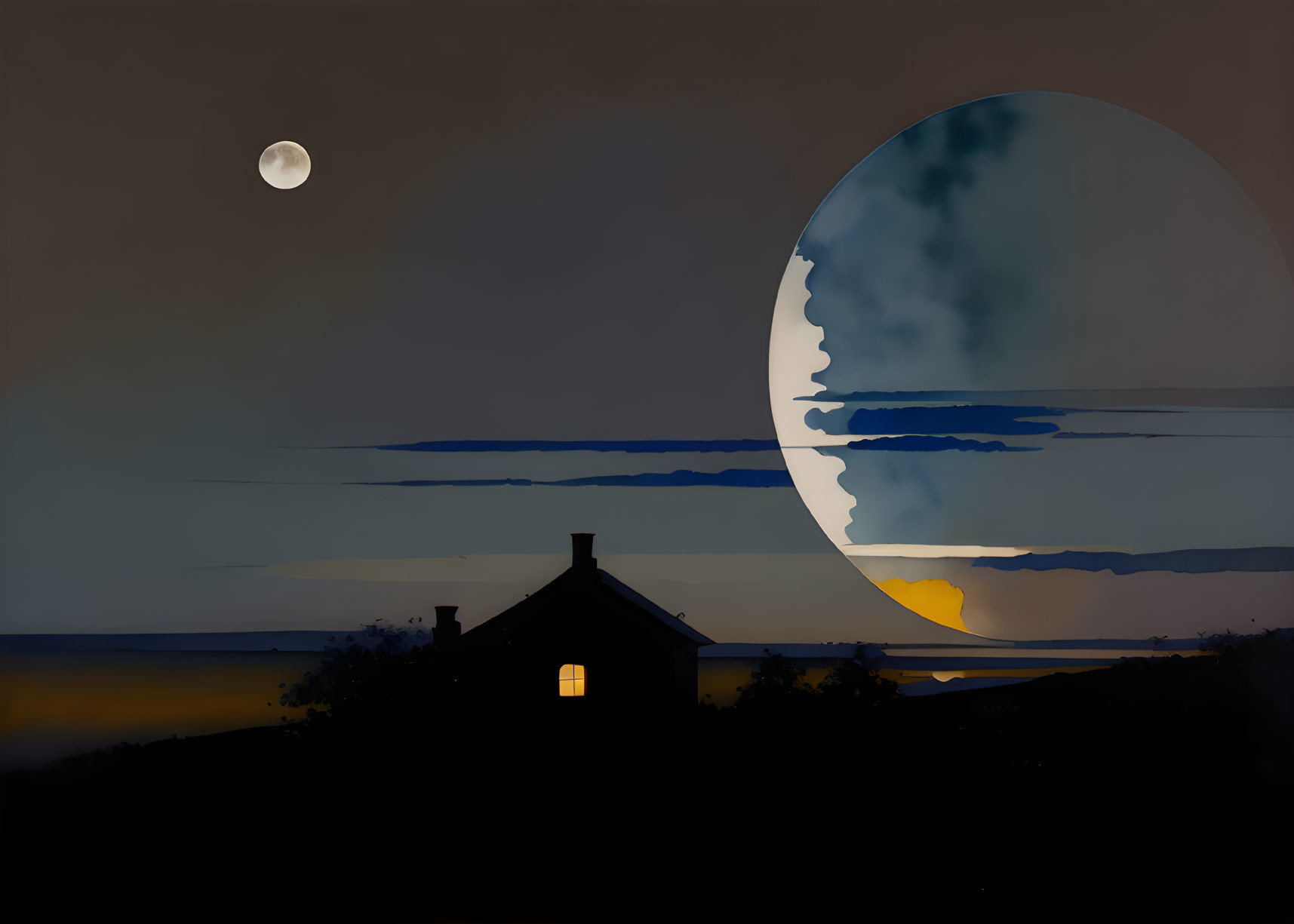 Composite Image: Small house under a normal-sized moon and oversized, transparent moon with clouds