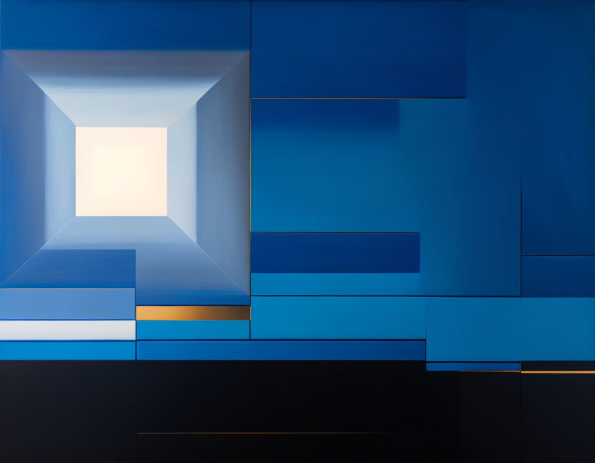 Abstract geometric painting: Blue shades create 3D square tunnel