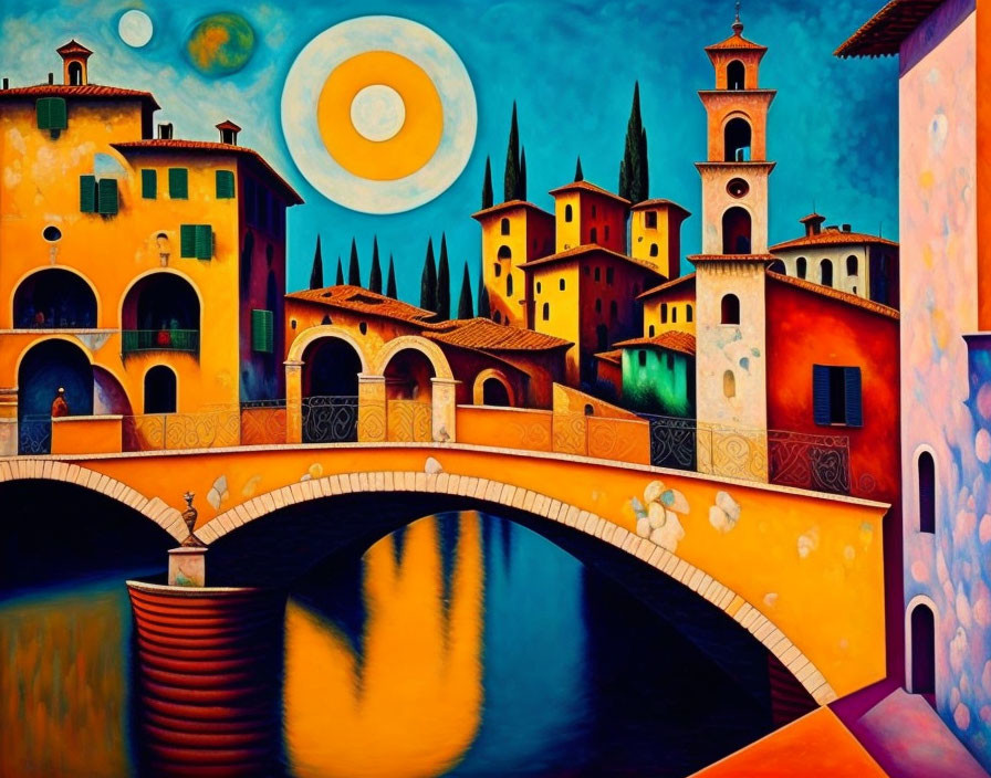 Stylized Italian village painting with arched bridge and oversized moon