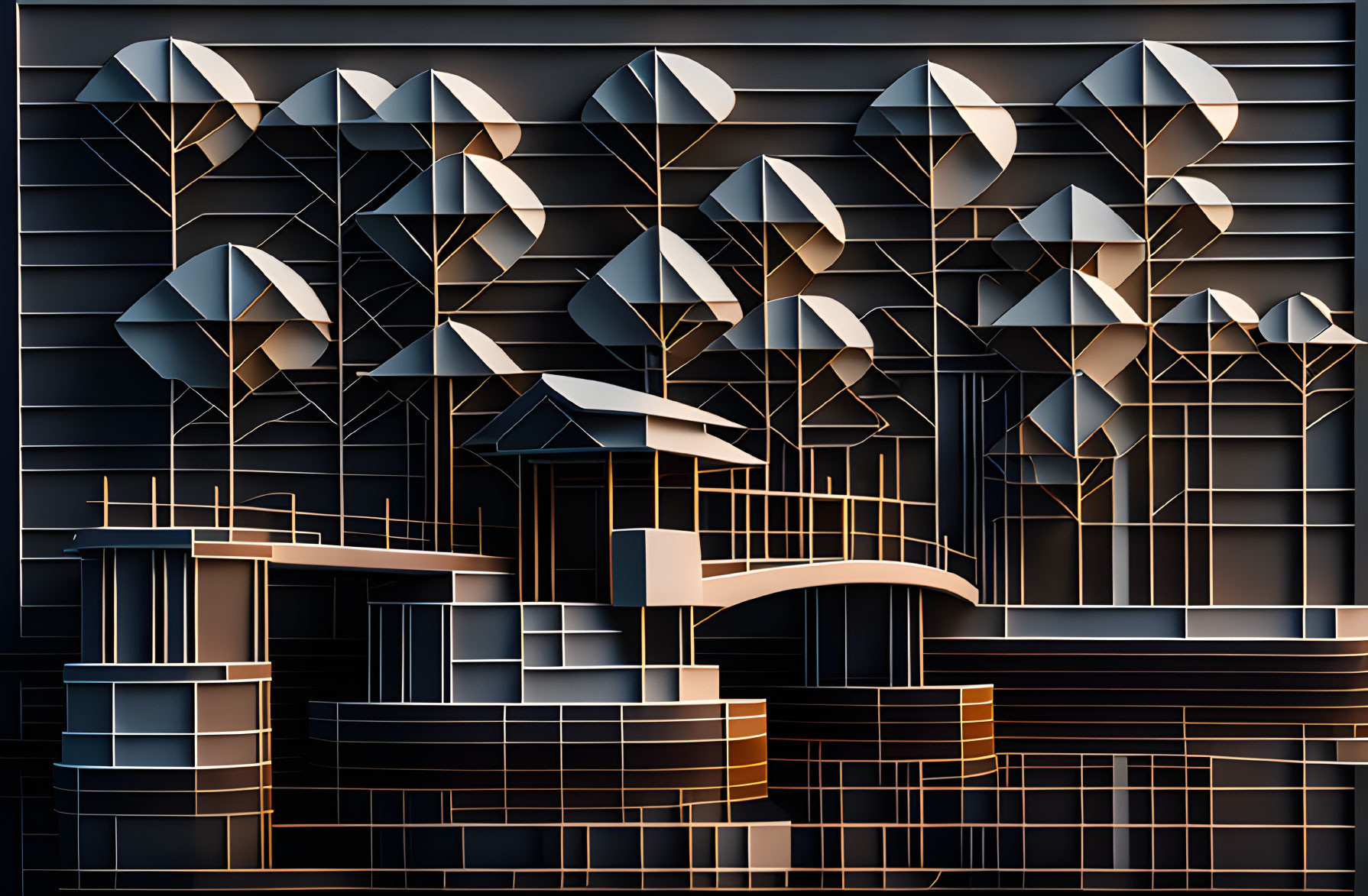 Modern building graphic with layered facades and abstract trees in monochromatic tones