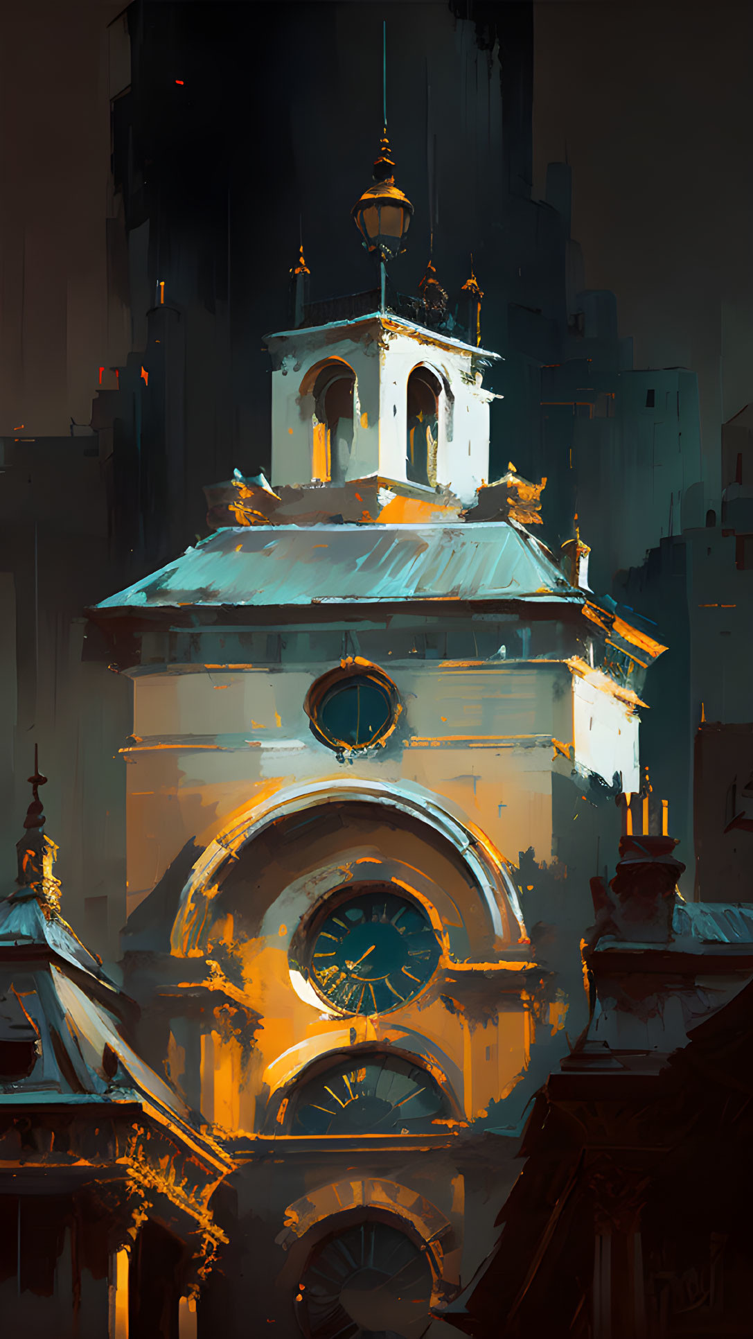 Detailed digital painting of a grand clock tower against a dusky cityscape