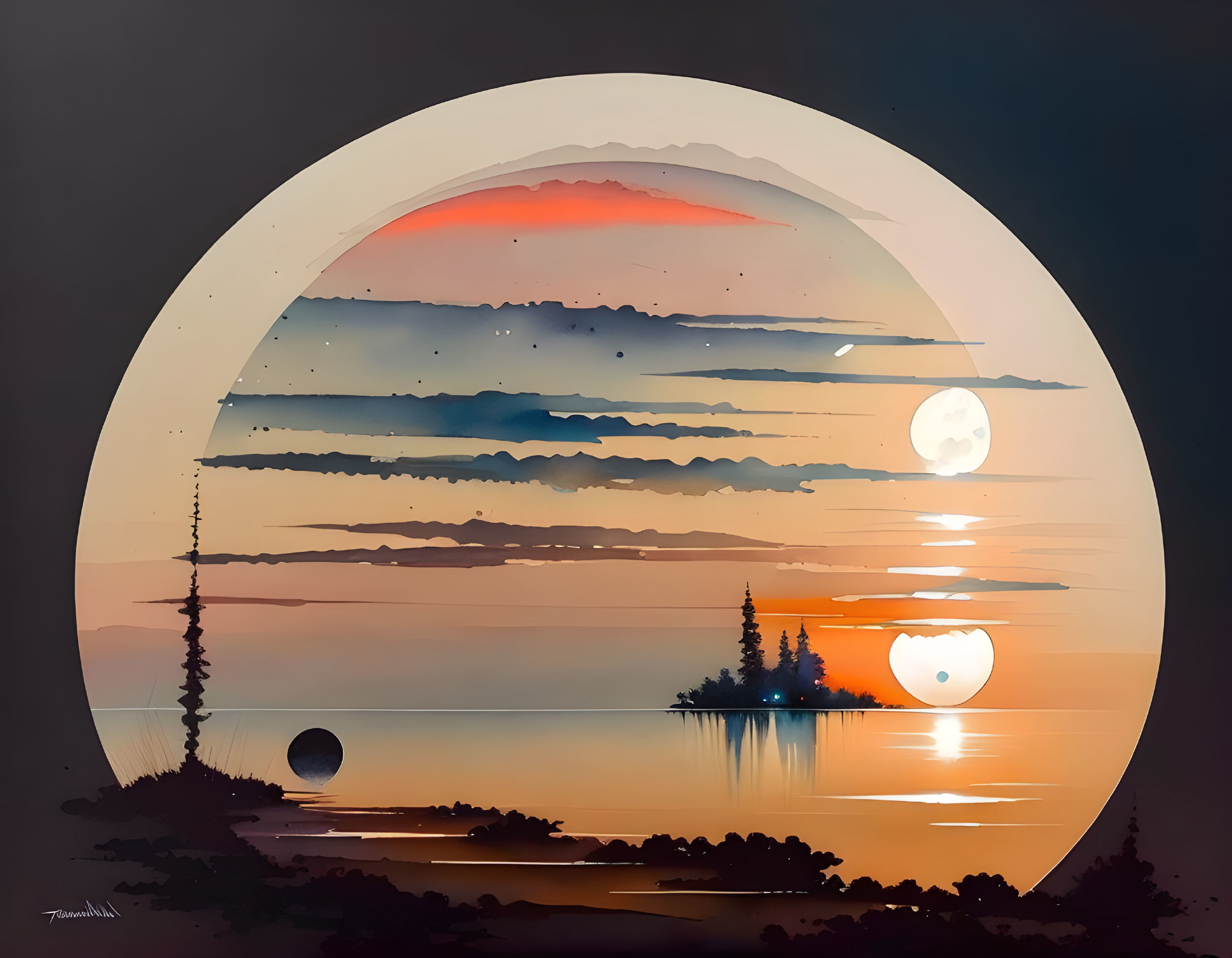 Stylized artwork: Large moon rising over tranquil lake