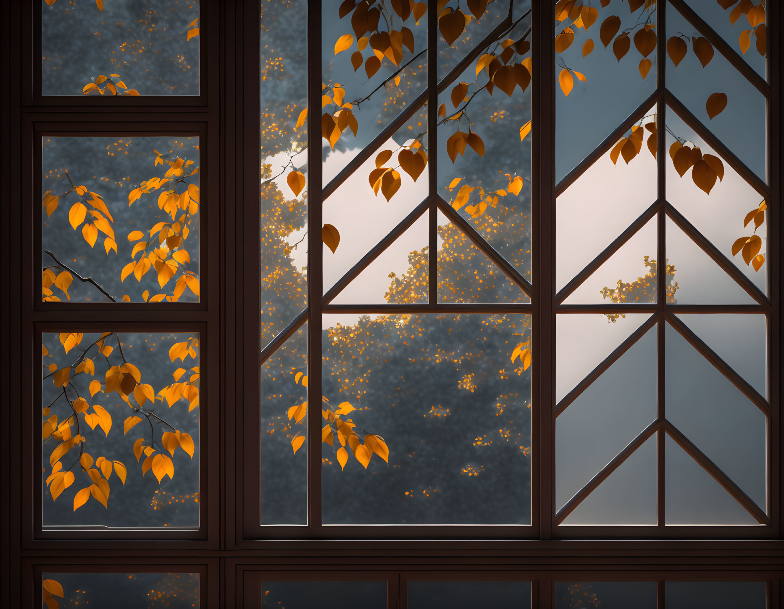 Geometric window frames amber autumn leaves at twilight