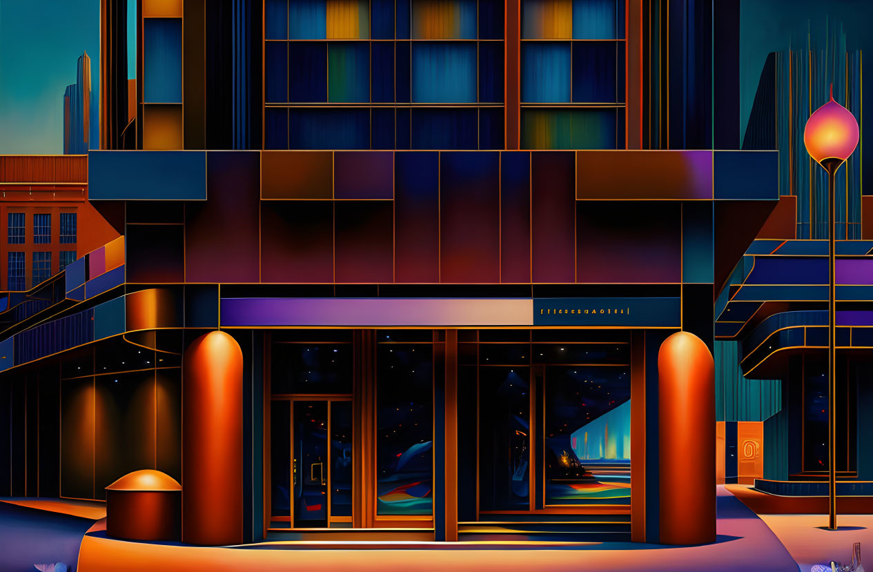 Vibrant digital illustration of a night building facade