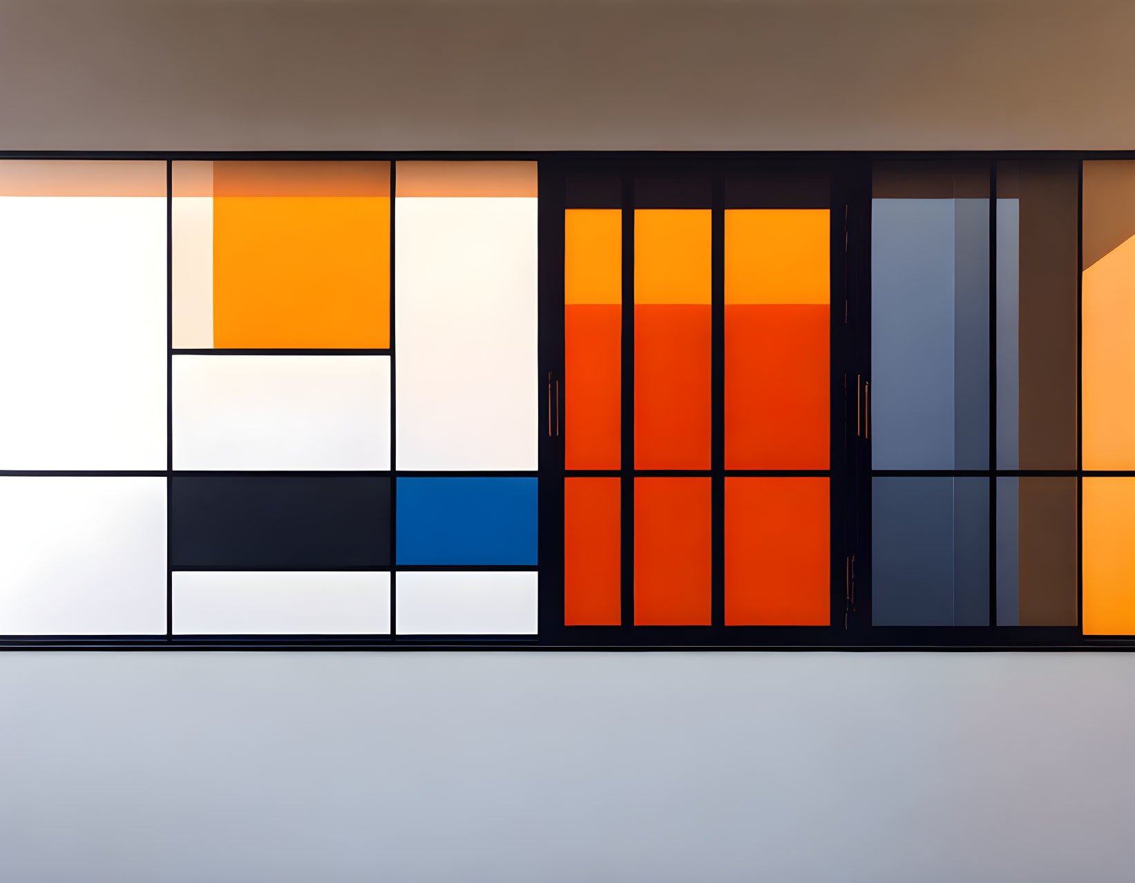 Geometric pattern facade: orange, black, gray windows