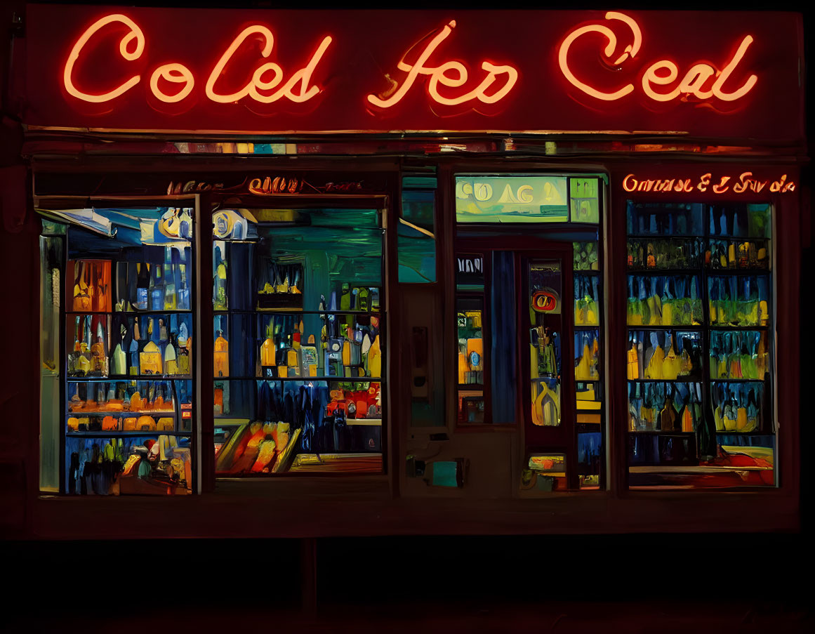 Vintage shop night scene with glowing red neon sign and colorful clothing display