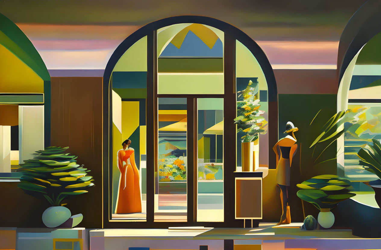 Art Deco style illustration of two figures by a window overlooking vibrant landscape