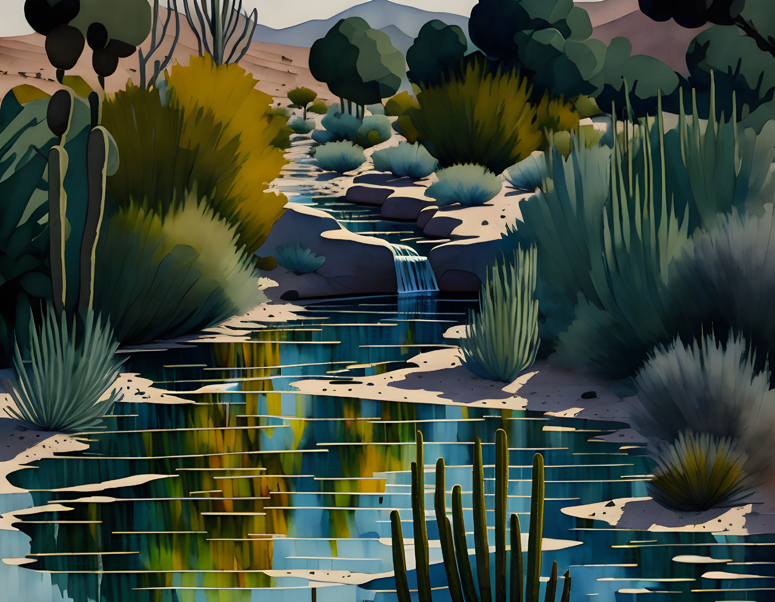 Tranquil desert creek with cascading water and cacti under twilight sky