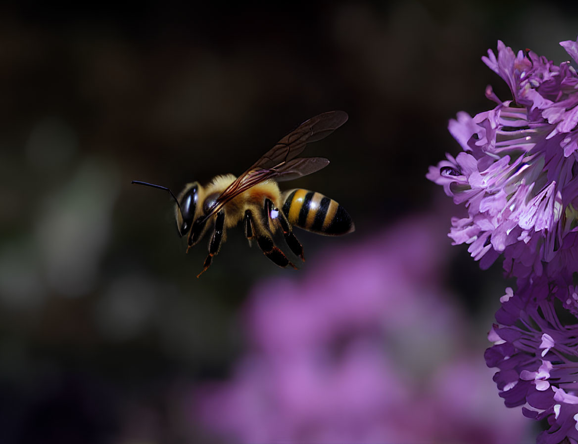Yellow and Black Striped Bee Near Vibrant Purple Flowers