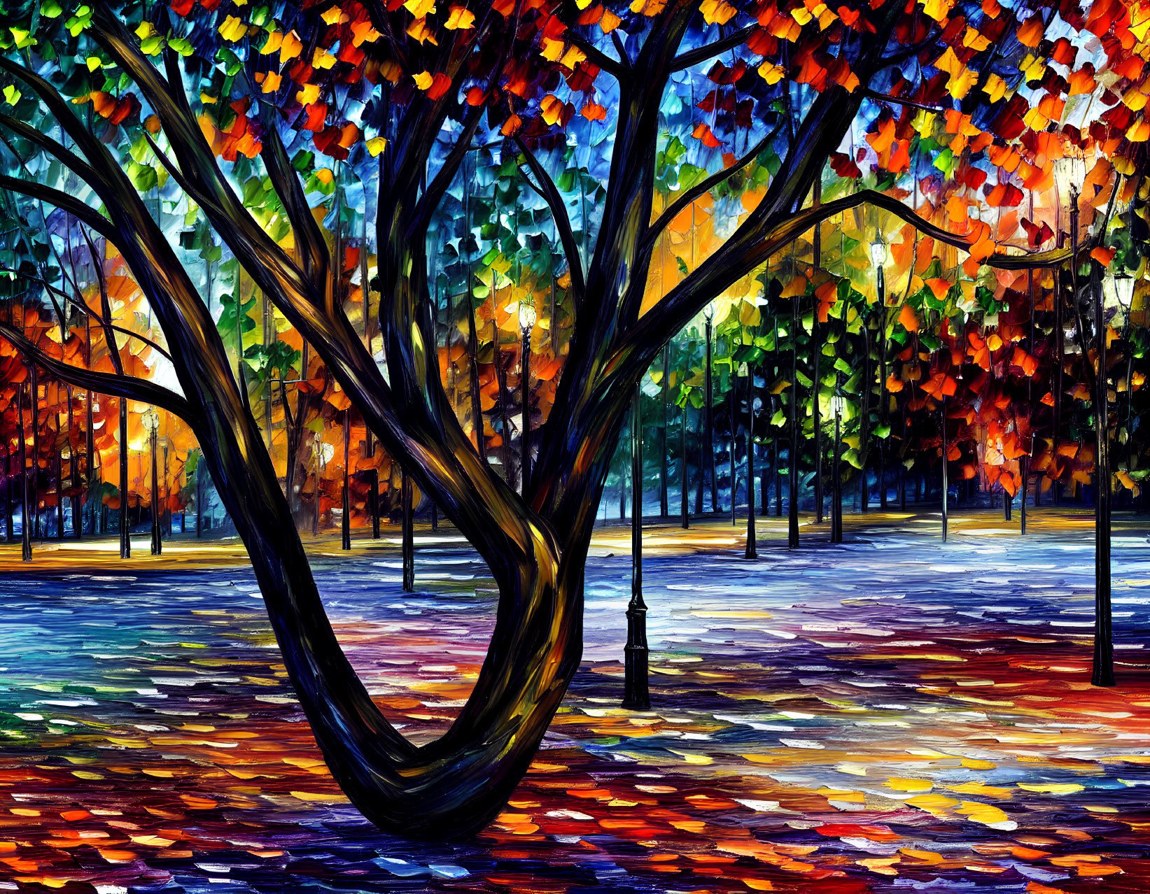Colorful Park Scene with Twisted Trees and Multicolored Canopy