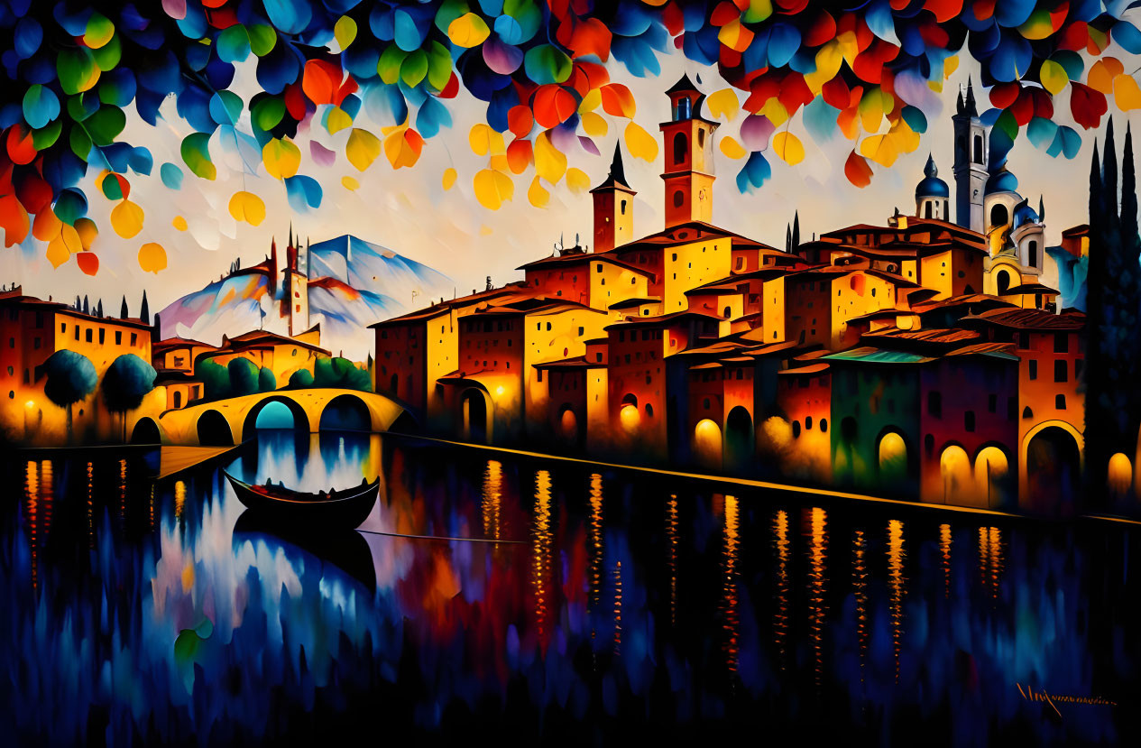 Colorful riverside town painting with bridge, boat, and balloons at dusk