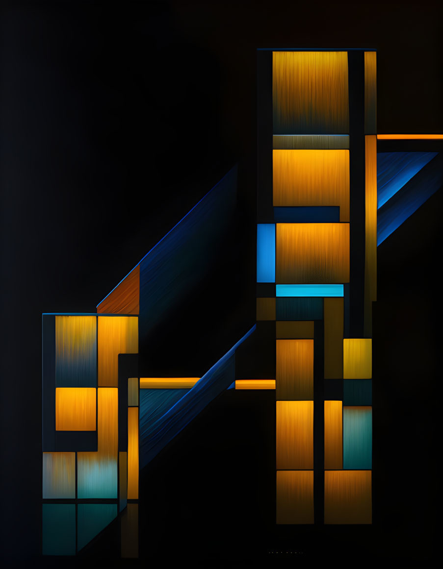 Geometric art with dark background and blue-orange rectangles