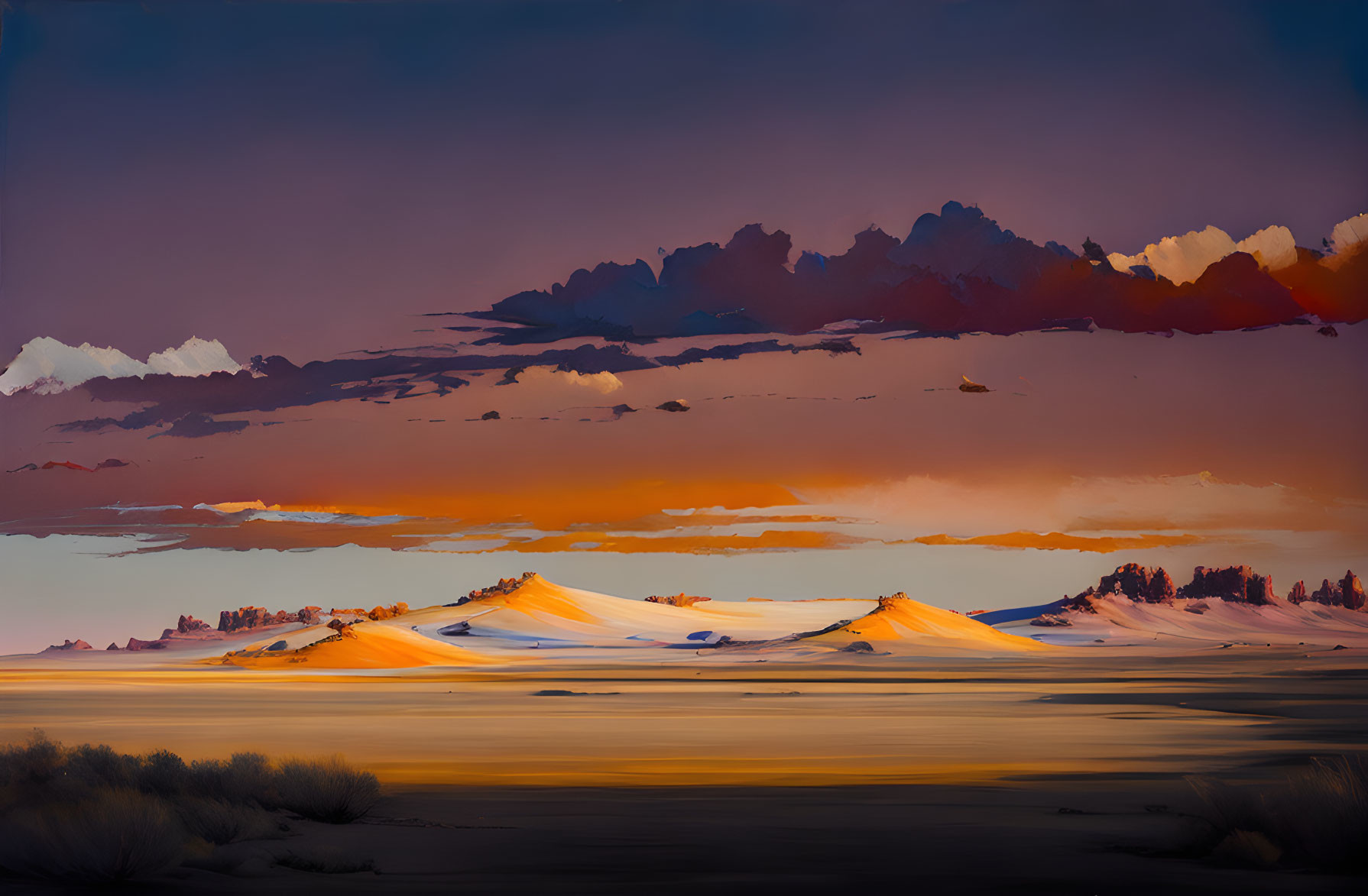 Twilight desert landscape with orange clouds and illuminated sand dunes