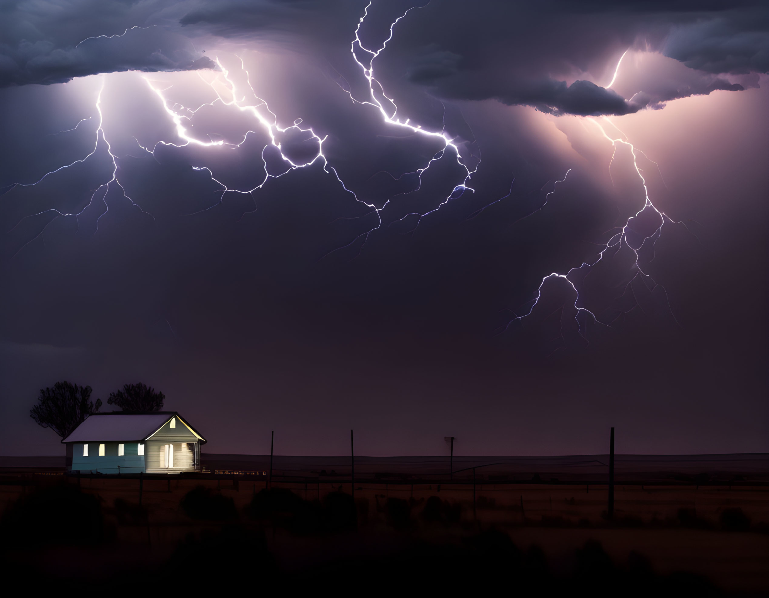 House with Lit Windows Under Dramatic Night Sky and Lightning