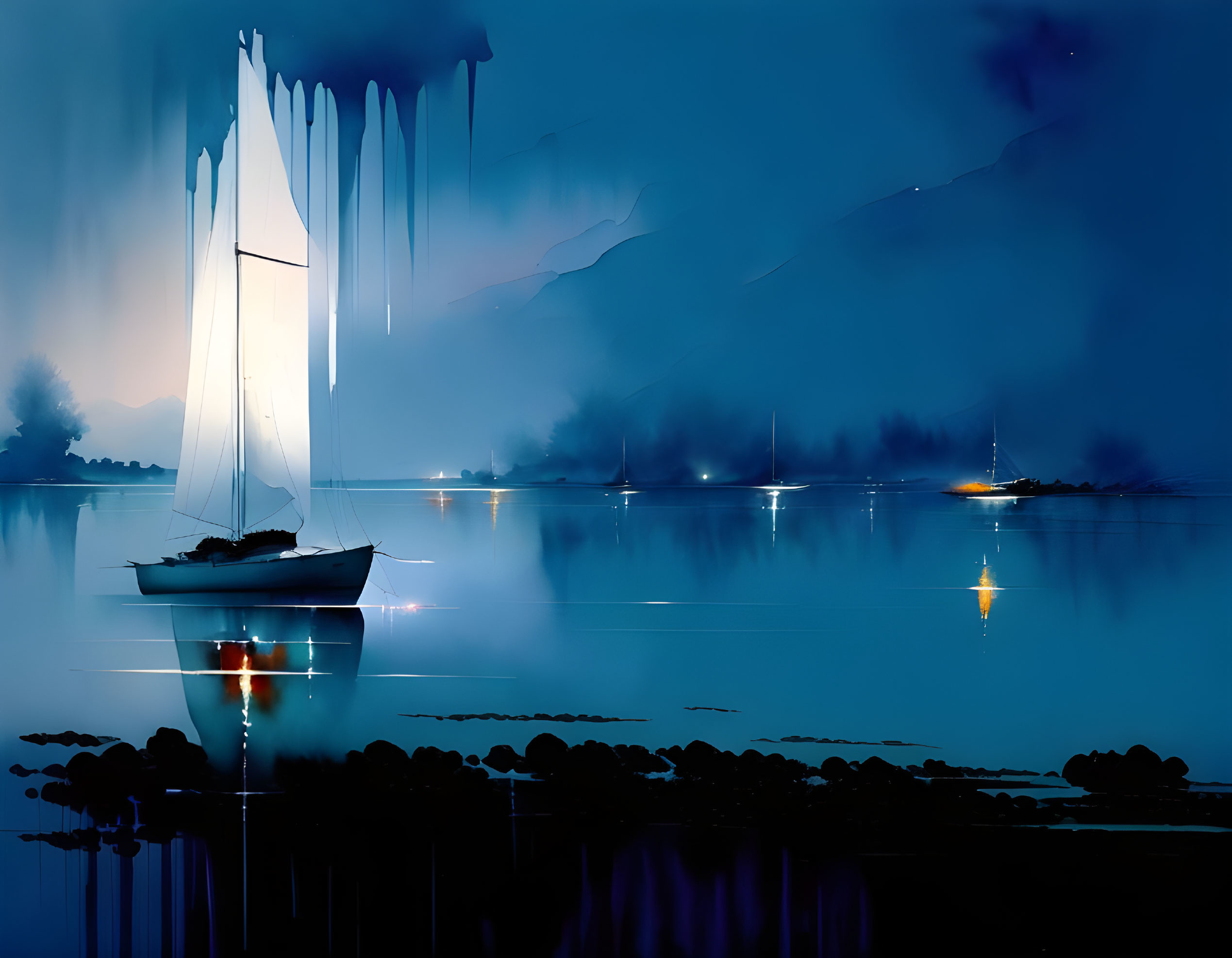 Tranquil nightscape with sailboat on calm waters under blue fog