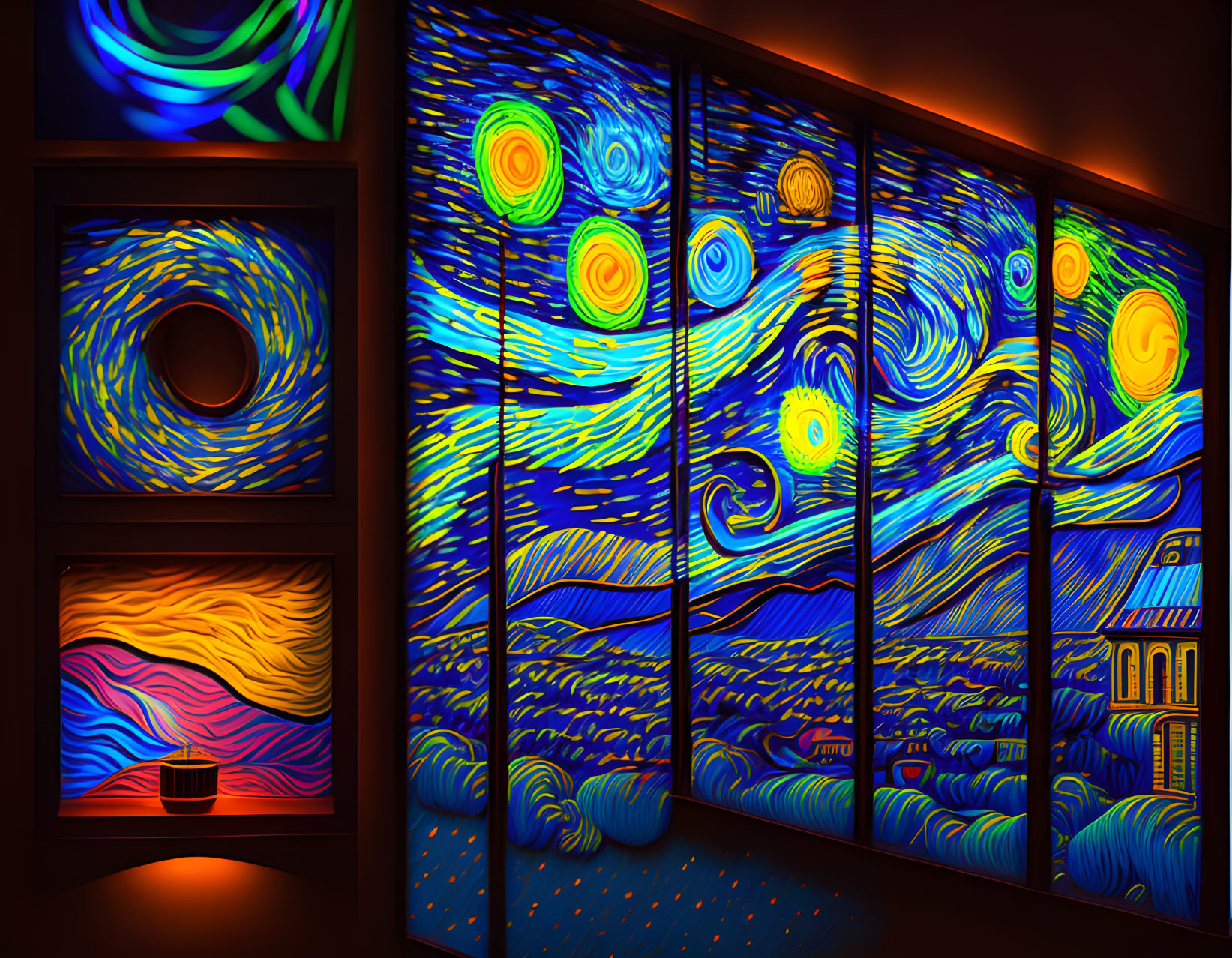 Neon-lit room showcasing Starry Night reinterpretation