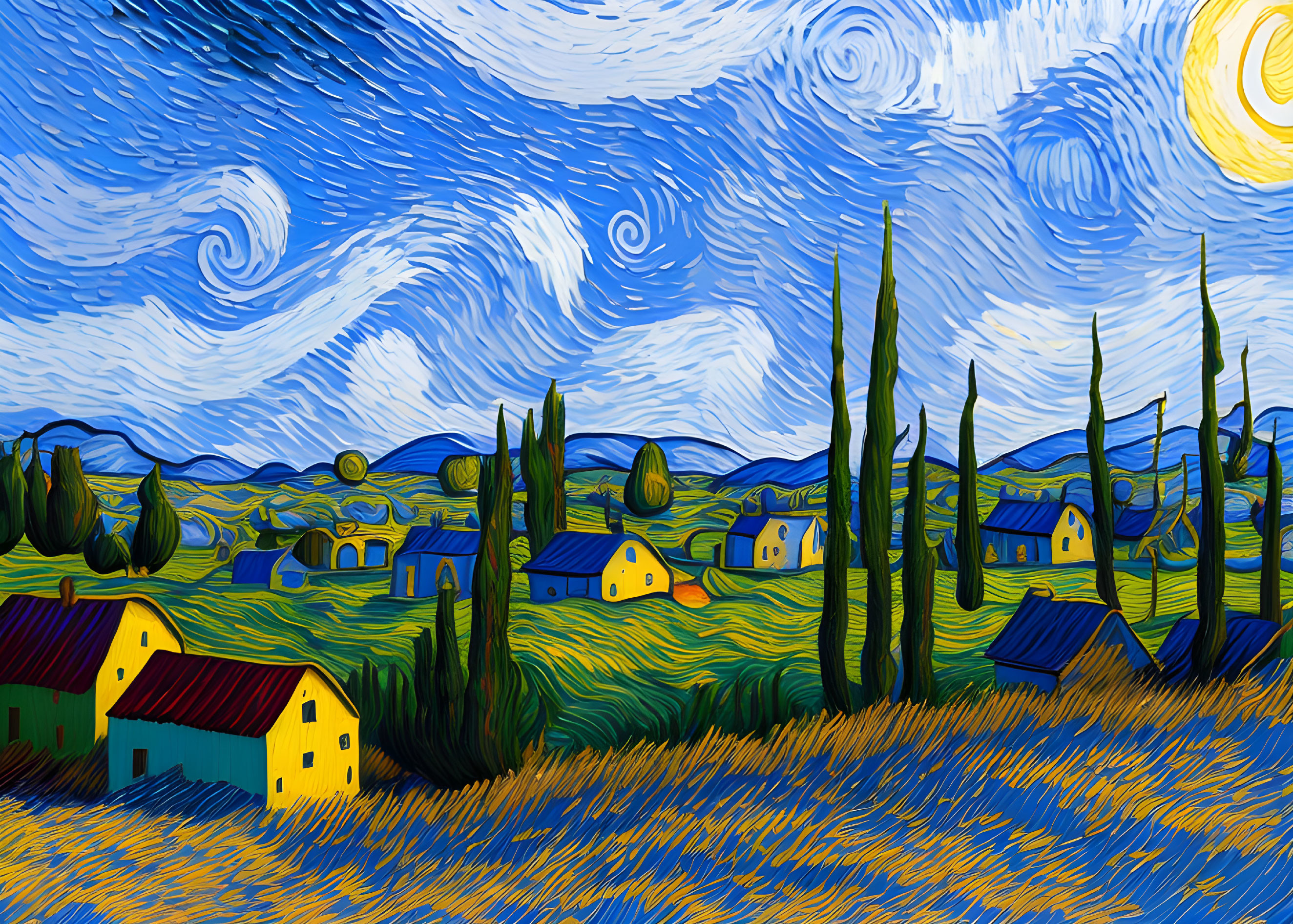 Colorful Van Gogh-style painting: swirling starry sky, yellow houses, cypress trees