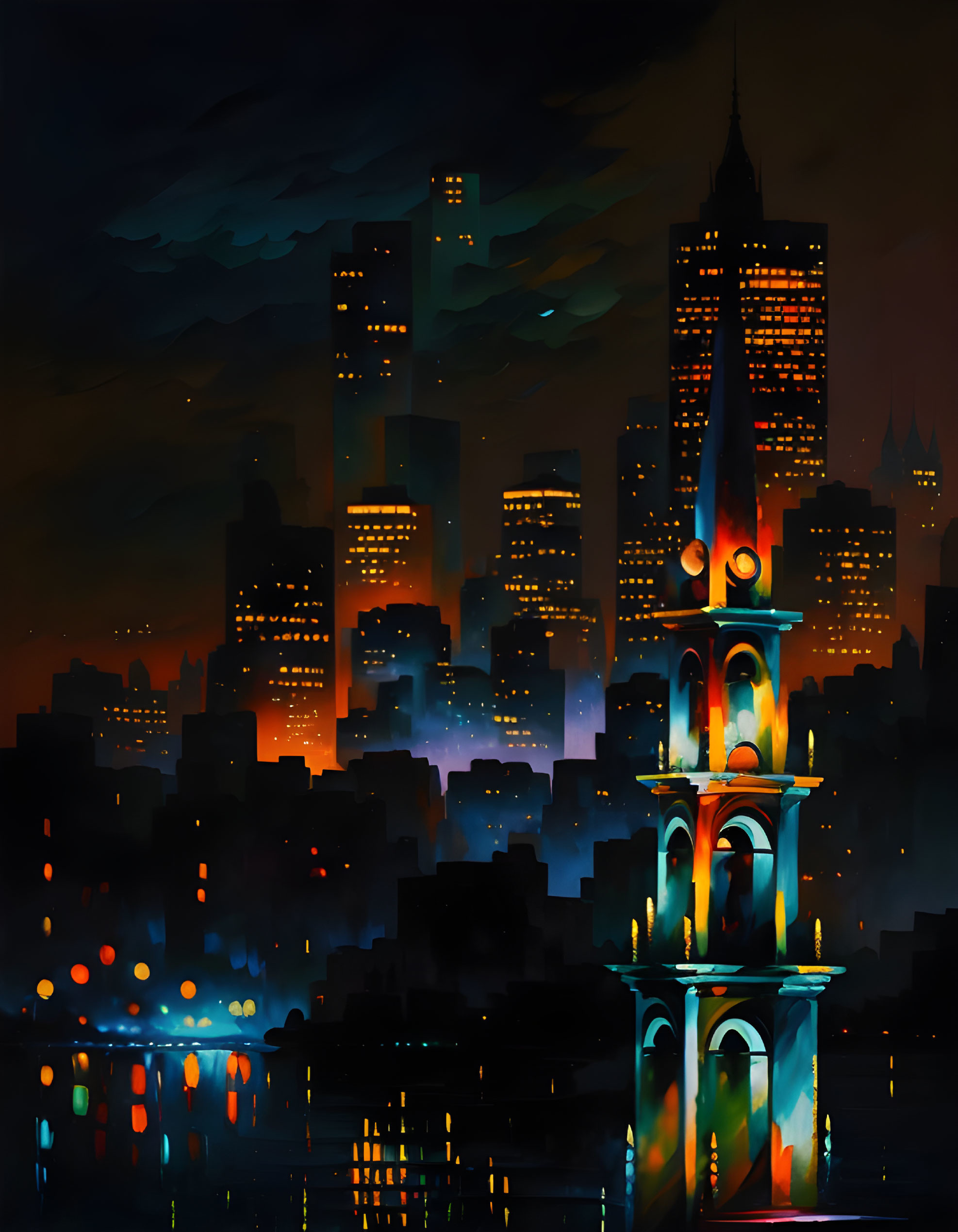 Illuminated cityscape with tower at night